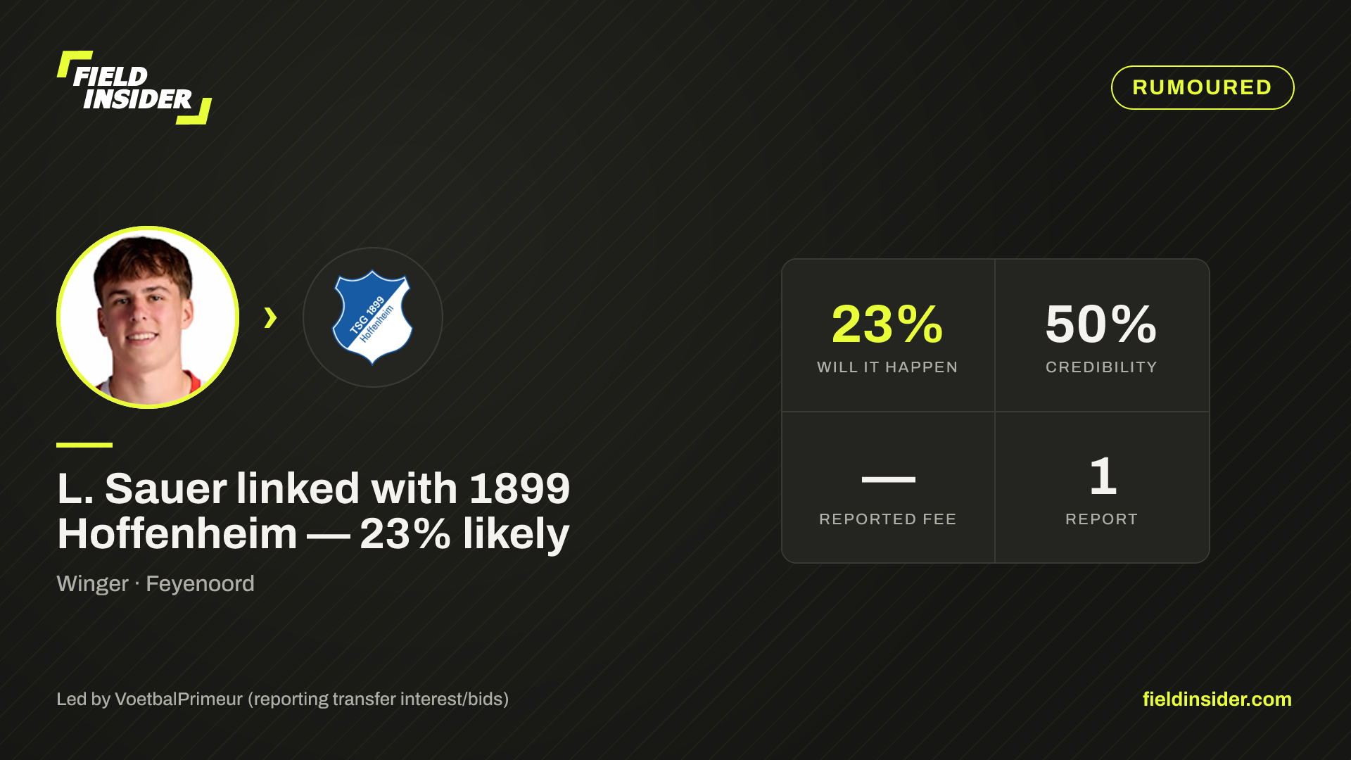 L. Sauer linked with 1899 Hoffenheim — 23% likely — Field Insider report card